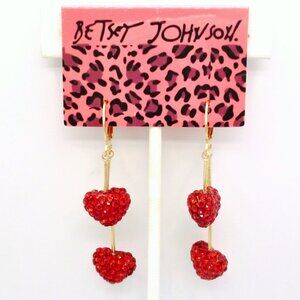 Betsey Johnson Heart Earrings Red Rhinestone Dangles New on Card 2 1/8"  Perfect